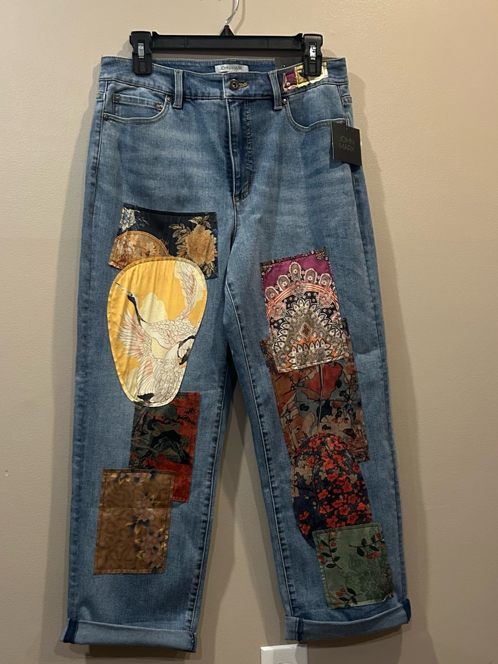 John Mark Multi Patch Print 5-Pocket Denim Boyfriend Jeans